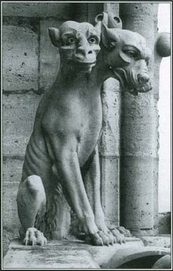 Cerberus, the many-headed watchdog of Greek mythology, greeted souls when they arrived in the underworld. He also attacked them if they tried to escape. His image was a popular one with medieval artists. This sculpture of Cerberus can be found on Notre Dame Cathedral in Paris, France.