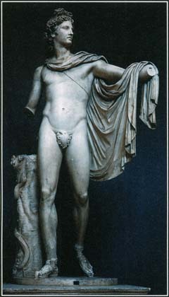 The Apollo Belvedere, believed to be the work of the sculptor Leochares, is one of the best-known images of the Greek god of the sun. The patron of youth and male beauty, Apollo was often represented as a handsome young man.