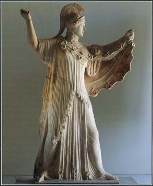This Roman statue of Athena as goddess of warfare offers another view of the goddess, usually identified with wisdom and crafts. Although she championed military skill and courage, Athena frowned on violence and bloodshed.