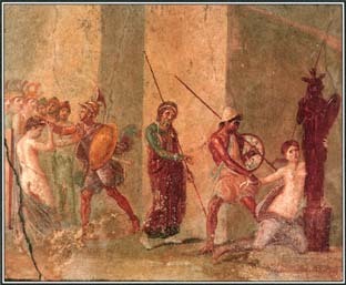 During the Trojan War, Cassandra, the daughter of King Priam of Troy, was attacked by Ajax the Lesser in the Temple of Athena. The scene is illustrated in this painting from a house in Italy.