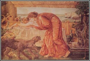 This painting from the 1800s by Edward Burne-Jones shows Circe preparing potions while waiting for Odysseus. Circe first tried to cast a spell over Odysseus and his men by using enchanted food and drink to turn them into animals, but she later assisted them in their journey home.