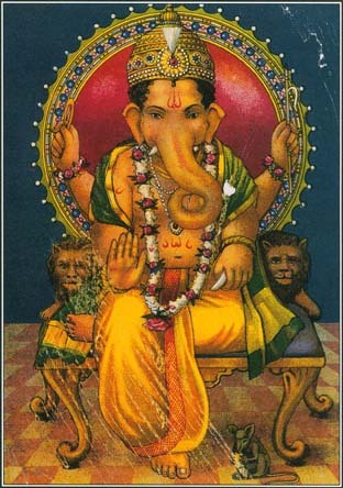 Ganesha, the Hindu god of good fortune and wisdom, appears here with the head of an elephant. He is seated on a throne flanked by two lions.
