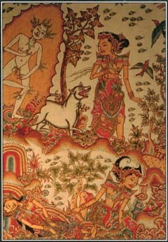 The Mahabharata is a sacred Hindu text and the longest poem in the world. Its story revolves around conflicts between two branches of a mythical family. This painting illustrates a scene from the poem.