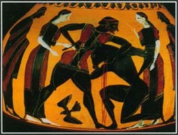 A monstrous creature in Greek mythology, the Minotaur had the head of a bull and the body of a man. This vase painting dating from the 500s B.C. shows Theseus killing the Minotaur.