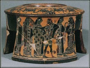 Paris, a young Trojan prince, had to choose which goddess—Hera, Aphrodite, or Athena—was most beautiful. His decision, known as the judgment of Paris, is depicted on a vase from the 500s B.C.