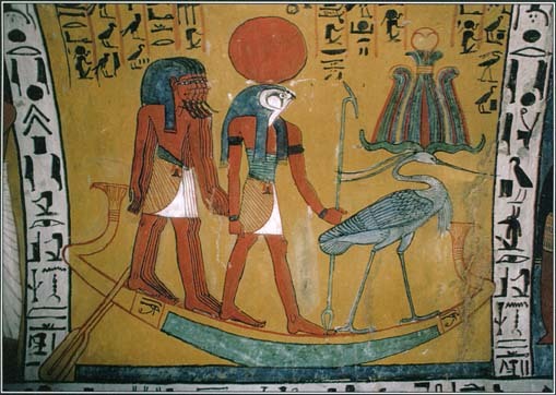 The Egyptian sun god Ra traveled across the sky during the day and through the underworld at night. This tomb painting of the 1200s B.C. shows Ra with a sun disk on his head.