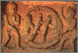 Reincarnation plays a central role in Hinduism. People who have performed good deeds and led moral lives are reborn into higher social classes; those who have failed in these areas are doomed to return as members of the lower classes or as animals. This carving of two men with a wheel represents the cycle of birth and rebirth.