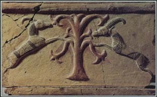 The tree of life, with sacred animals feeding on its fruit-bearing branches, is a common image in the mythology and art of the ancient Near East.