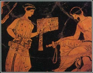 This Greek vase painting from the 400s B.C. illustrates an episode from the story of the Greek hero Odysseus. Returning home from the Trojan War, Odysseus was shipwrecked on an island where the nymph Calypso lived.