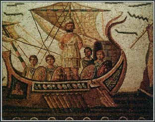 This mosaic from the A.D. 300S illustrates an episode from the Odyssey. Nearing an island, Odysseus and his men prepare to meet the Sirens, sea nymphs who lure sailors to death with beautiful singing.